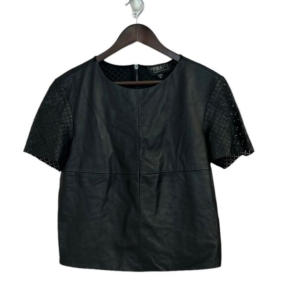 LaPina by David Helwani Valerie Leather Laser Cut Short Sleeve Top, Size Medium - Picture 2 of 11